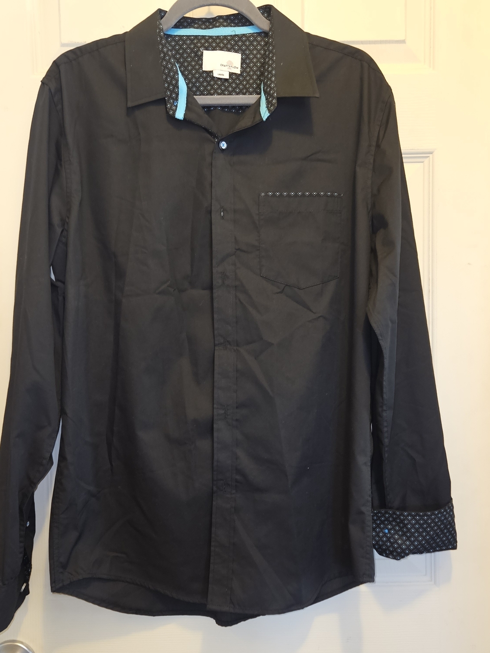 Men's Black Long-Sleeve Button-Up Shirt with Contrast Trim